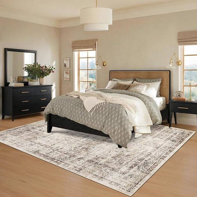 Washable Boho 10x13 Area Rug for Living Room Low Pile Soft Bedroom Rugs Non Slip Distressed Medal Print Large Indoor Carpet Thin Foldable Boho Vintage Carpet for Playroom Farmhouse, Brown