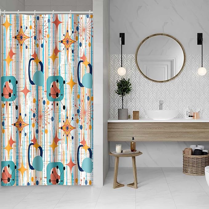 Mid Century Shower Curtain, 48x72inch, Modern Abstract Retro Colorful Striped Geometric Shower Curtain Sets 1950s Boho Bathroom Shower Curtain with 8 Hooks