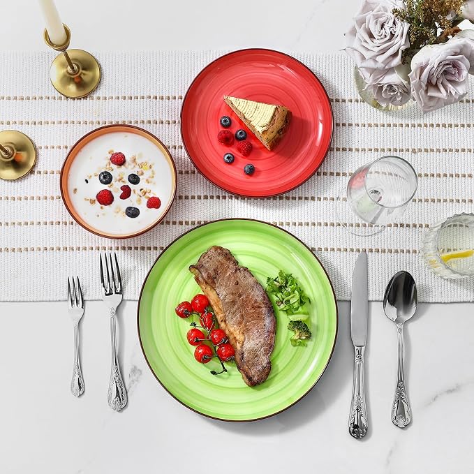 Selamica Ceramic Plates and Bowls Sets,18 Pieces Dinnerware Sets for 6,Dishwasher & Microwave Safe dish set,Family & Holiday Dining, Dopamine