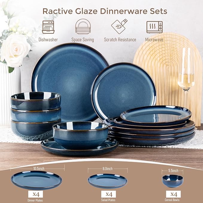 GBHOME Ceramic Dinnerware Sets for 4, 12 Pieces Stoneware Plates and Bowls Sets, Scratch Resistant Dishes, Dishwasher & Microwave Safe, Reactive Glaze-Pacific Blue