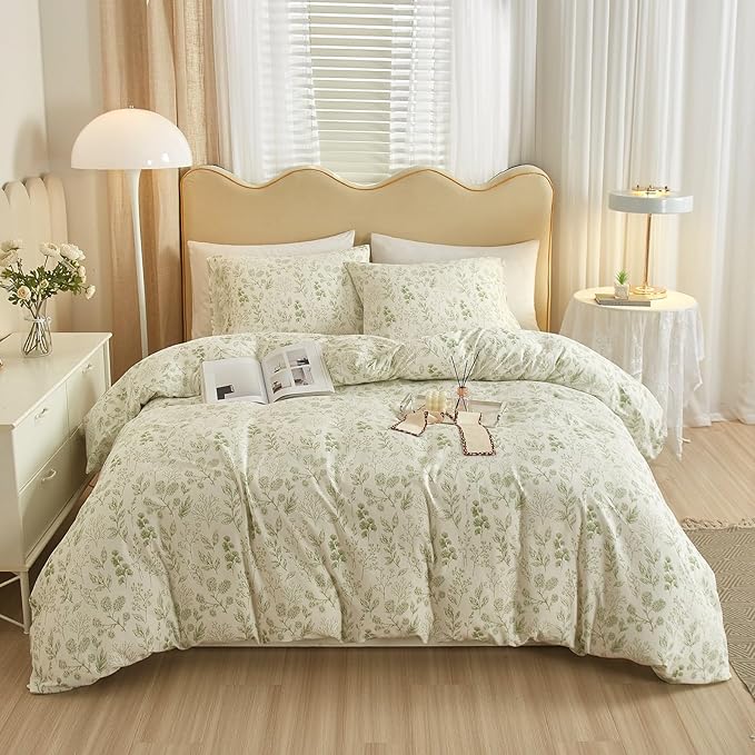 Garden Style Green Floral Comforter Set Full Size White Soft Fluffy Microfiber Comforter Chic Floral Printed Bedding Set Vintage Flowers Leaves Botanical Comforter Set All Seasons Full Comforter Set