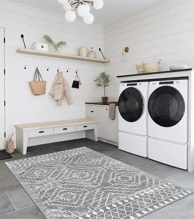 Wonnitar Moroccan Washable Rugs 4x6, Non-Slip Gray Living Room Area Rug, Boho Soft Large Rugs for Bedroom, Geometric Non-Shedding Thin Floor Carpet for Entry Kitchen Mud Room (Silver Grey,4'x6')