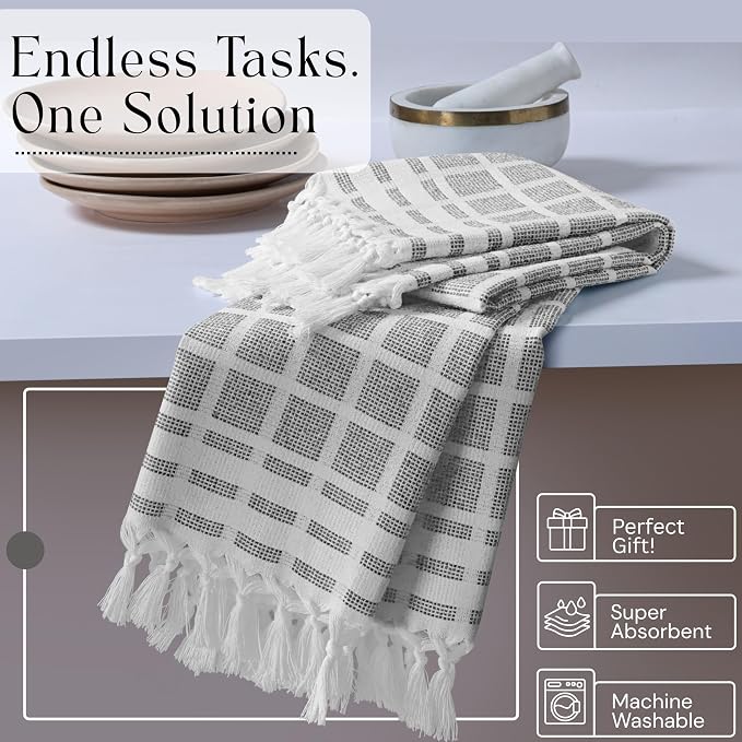 Matrix Dobby Kitchen Dish Towels Set of 4, 100% Cotton, 16x26 Inches, Reusable Dishcloths with Handmade Knotted Tassels, Absorbent, Washable Towels for Cleaning - Dark Gray, White