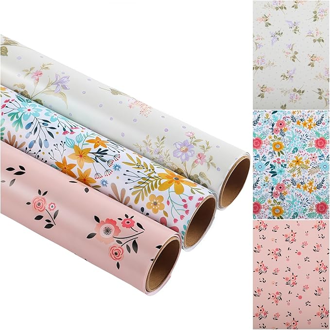Miss DuiDui Floral Gift Wrapping Paper, 3 Rolls, 17 inch x 9.8 feet, Colorful Spring Summer Assorted Flower Design for Wedding, Birthday, Valentines' Day, Baby Shower, Anniversary, Bridal Shower, Party