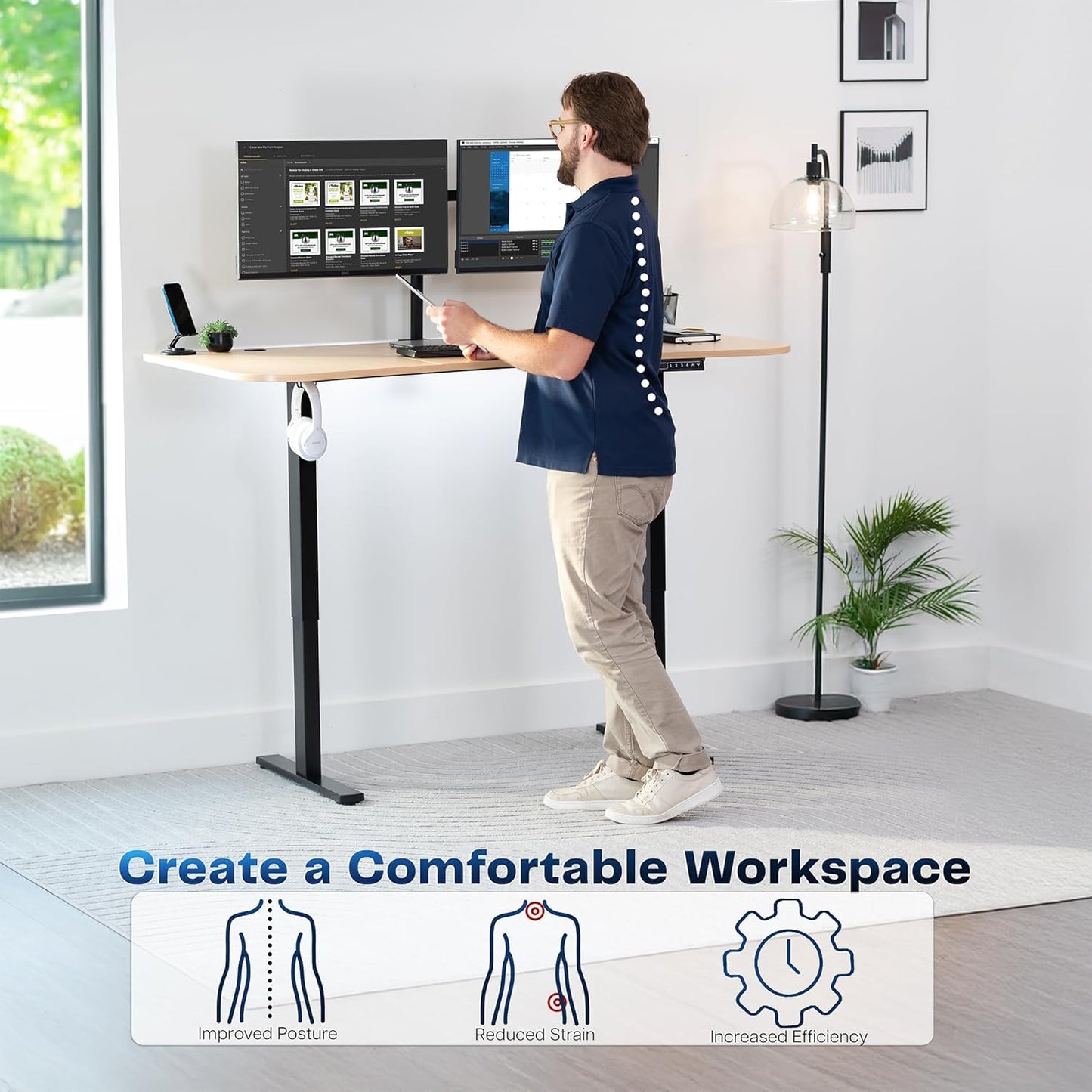 VIVO Electric Standing Desk - Memory Height Adjustment, 63 x 32 in, Light Wood Top & Black Frame