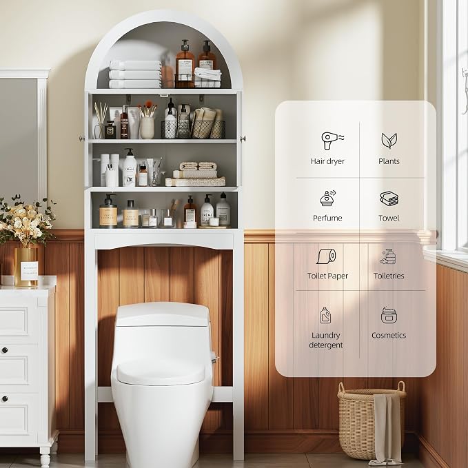 Spurgehom Over The Toilet Storage Cabinet, Bathroom Shelf Organizer Freestanding, Bathroom Arch Cabinet Over Toilet with Fluted Door and Anti-Tipping Device, White