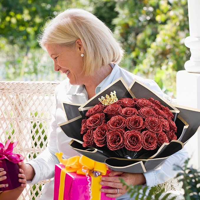 Waipfaru 36 Pcs Glitter Roses Bouquet, DIY Fake Flowers Bouquet, Artificial Red Rose Bouquet for Valentines, Mothers Day Gifts, Anniversary, Engagement, Wedding