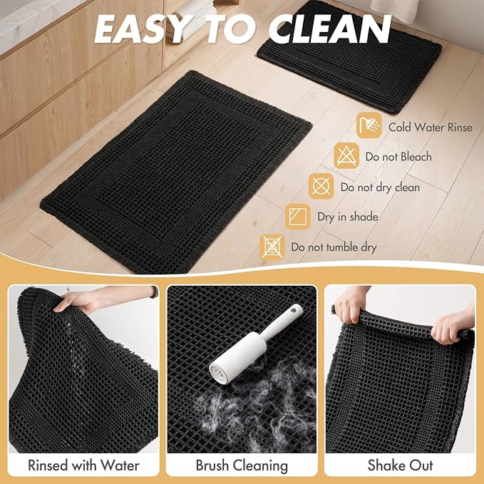 MIULEE Set of 2 Waffle Bathroom Rugs, Boho Bath Rug Super Absorbent, Non Slip Washable Ultra Soft Rubber Backed Shower Bath Mats for Floor, Tub, Shower, Looped Design, Black, 17"x24"+18"x30"