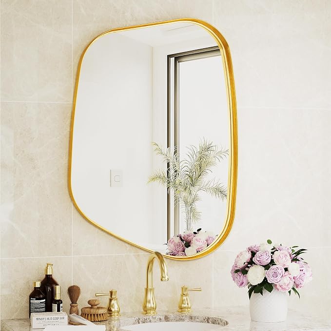 Irregular Wall Mirror 22"x30" Bathroom Mirrors Asymmetrical Artistic Decorative for Living Room Bedroom Bathroom Hallway Entryway,Trapezoid,Gold