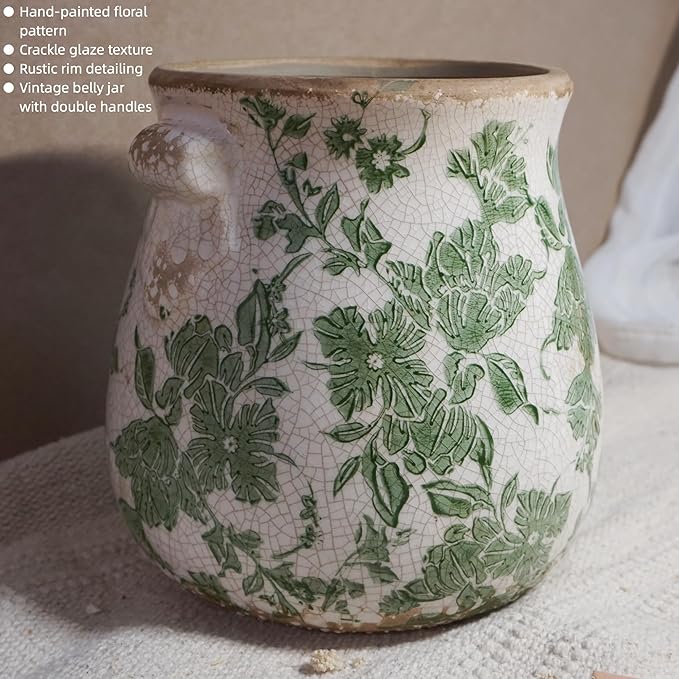 Vintage Green and White Ceramic Floral Vase Planter, Rustic Crackle Glaze Pottery Jar, Hand-Painted Floral Pot Design for Flowers or Plants, Farmhouse & Cottage Home Decor Accent