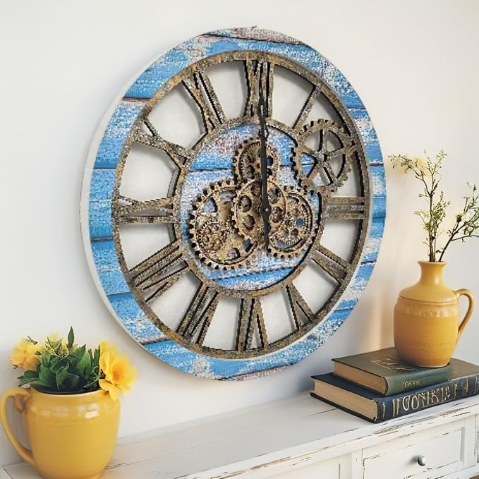 ImprovingLife The Gears Clock The Original Real Moving Gear Wall Clock Vintage Industrial Oversized Rustic Farmhouse (24 inch (60cm), Vintage Ocean Blue and Bronze)