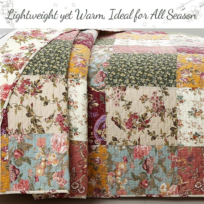 Cozy Line Home Fashions 100% Cotton Authentic Patchwork Quilt Bedding Set, Floral Vintage Antique Chic Reversible Coverlet Bedspread (Harvest, King - 3 Piece)