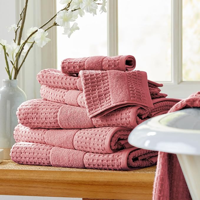 Market & Place 100% Cotton Super Soft Luxury Towel Set | Quick-Dry and Highly Absorbent | Waffle Textured | 550 GSM | 2 Bath Towels, 2 Hand Towels, & 2 Washcloths | Harper Collection (Rose)