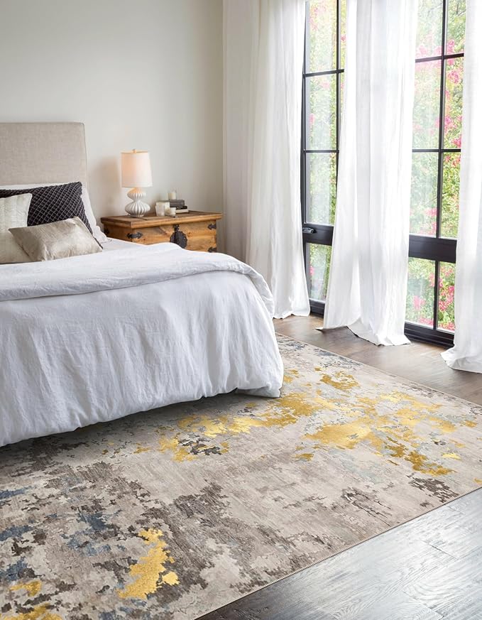 vivorug 5x7 Area Rugs - Ultra-Thin Washable Rug with Non-Slip Backing, Ideal for Living Room, Bedroom, Kitchen Floor Carpet - Modern Abstract, Easy Clean, Durable, Low Pile Grey/Mustard