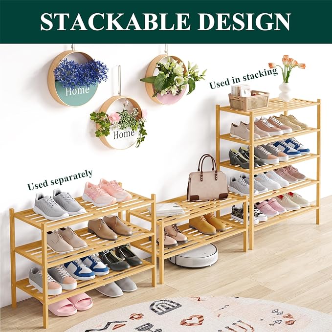 Smiry Bamboo Shoe Rack 4-Tier, Stackable Wooden Shoe Organizer for Entryway & Closet, Free Standing Wood Shoe Storage Shelf for Front Door & Small Spaces, Natural