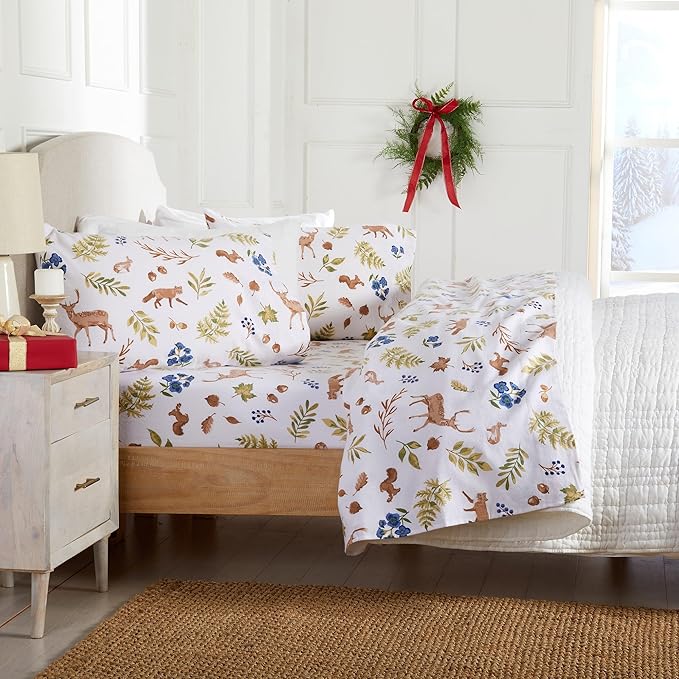 Market & Place 100% Cotton King Flannel Sheet Set | 4 Piece Deep Pocket Novelty Cozy Winter Bed Sheets | Double Brushed for Extra Softness & Comfort | Alpine Collection (King, Woodland Forest)
