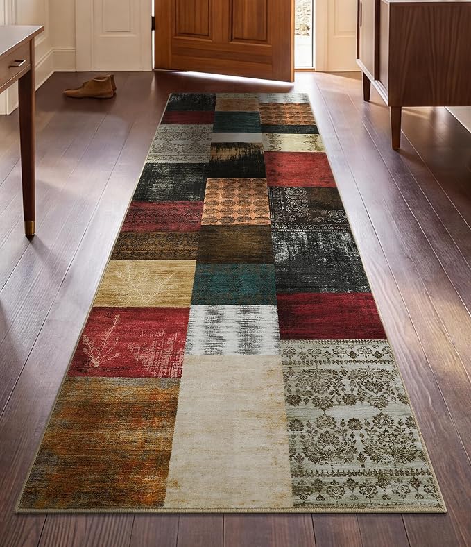 YIHOUSE Mid Century Modern Vintage Cowboy Runner Rug 2x6,Retro Patchwork Bedroom Rug,Red and Brown Floral Farmhouse Rugs Washable for Hallway Non Slip,Geometric Boho Area Rugs for Living Room