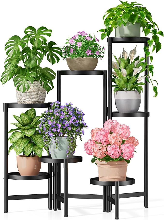 7 Tiers Plant Stand Indoor for Multiple Large Planter, Tall Tiered Folding Plant Rack Outdoor with Rustproof 10 Inch Wide Tray, Plant Shelf for Corner Living Room - BlackDisk