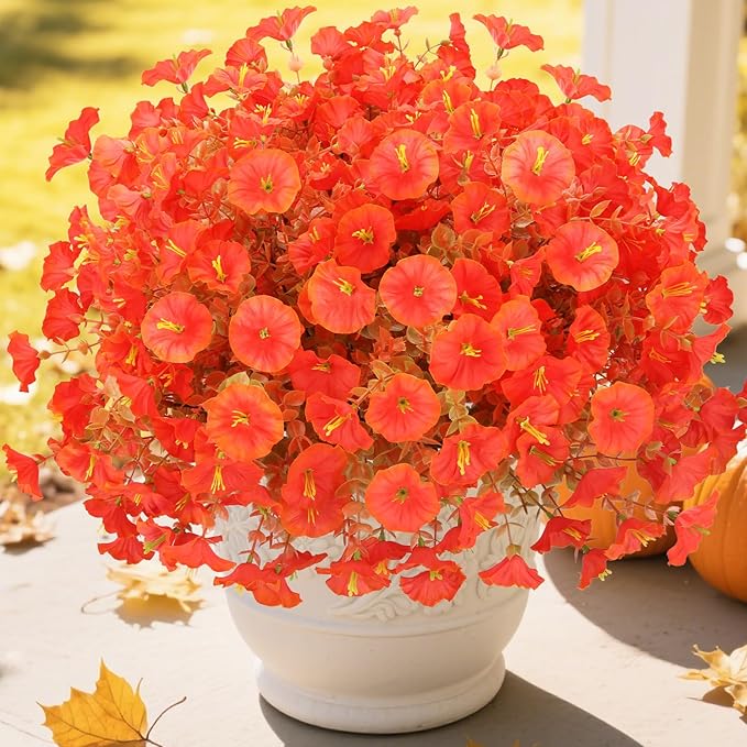 12 Bundles UV Resistant Fake Mums Silk Flowers Faux Mums, Fall Flowers Artificial for Decoration,Artificial Morning Glory for Thanksgiving Fall Decor Halloween Window Box Porch Outdoor Garden