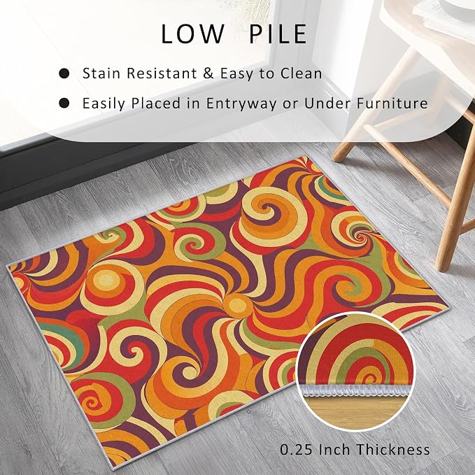 70s Retro Rug 7x9 Swirl Psychedelic Groovy Hippie Pop Pattern Area Rugs for Living Room, Bedroom, 70s Retro Home Decor Accessories Indoor Carpet, Non Slip & Machine Washable, GD0320