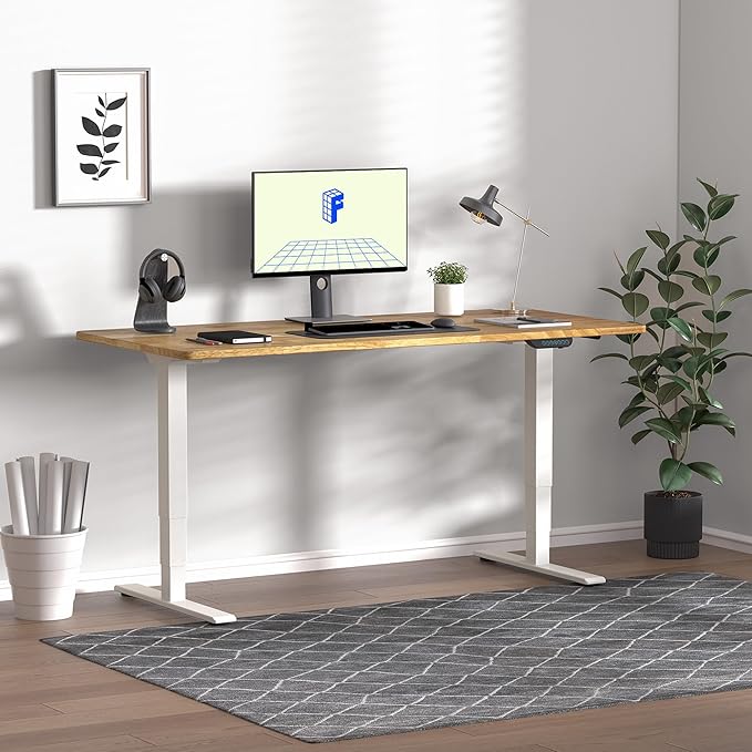 FLEXISPOT E6 MAX Rubber Wood Dual Motor 3 Stages Standing Desk 55x24 Inch Whole-Piece Board Electric Height Adjustable Stand Up Desk 150KG Load Capacity(White Frame + Rubber Wood Desktop)