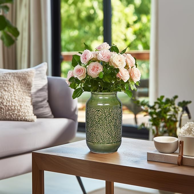 Modern Ceramic Vase for Flower, 9 Inch Minimalist Decorative Vases for Home Decor, Table Shelf, Console Cabinet, Mantle, Living Room, Bathroom, Bedroom, Office, Green
