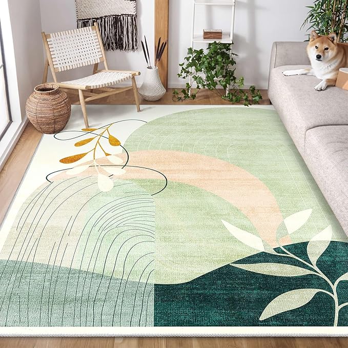 MUJOO 5x7 Area Rugs for Bedroom Living Room,Boho Washable Rug Non Slip Throw Carpet for Office Dining Room Indoor Mid Century Modern Abstract Botanical Geometric Accent Green