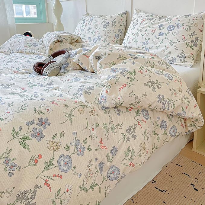 EAVD Vintage Style Floral Duvet Cover Queen Soft 100% Cotton Chic Shabby Garden Floral Bedding Set with 2 Pillowcases Fresh Cottagecore Botanical Comforter Cover with Zipper Closure