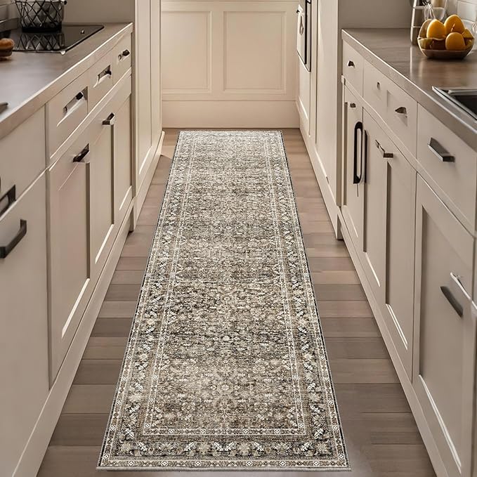 OPPODREAM Vintage Brown 2x8 Runner Rug, 2 x 8 Retro Washable Rug Non Slip, Low-Pile Faux Wool Carpet, Distressed Floor Mat for Kitchen, Hallway, Entry-Way, Entrance, Indoor Back Door