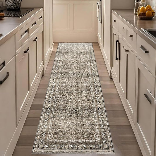 OPPODREAM Vintage Brown 2x8 Runner Rug, 2 x 8 Retro Washable Rug Non Slip, Low-Pile Faux Wool Carpet, Distressed Floor Mat for Kitchen, Hallway, Entry-Way, Entrance, Indoor Back Door