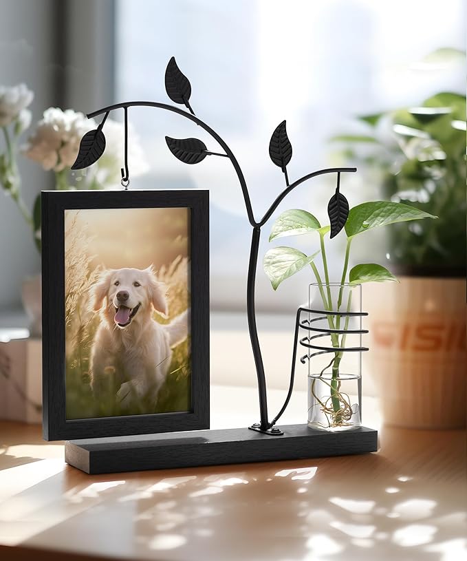 Afuly 4x6 Picture Frame Black with Metal Stand Glass Vase, Double Sided Glass Photo Frames, Wood Picture Frames Desk Modern Home Decor Anniversary wedding Gift for Couple Grandma Mom