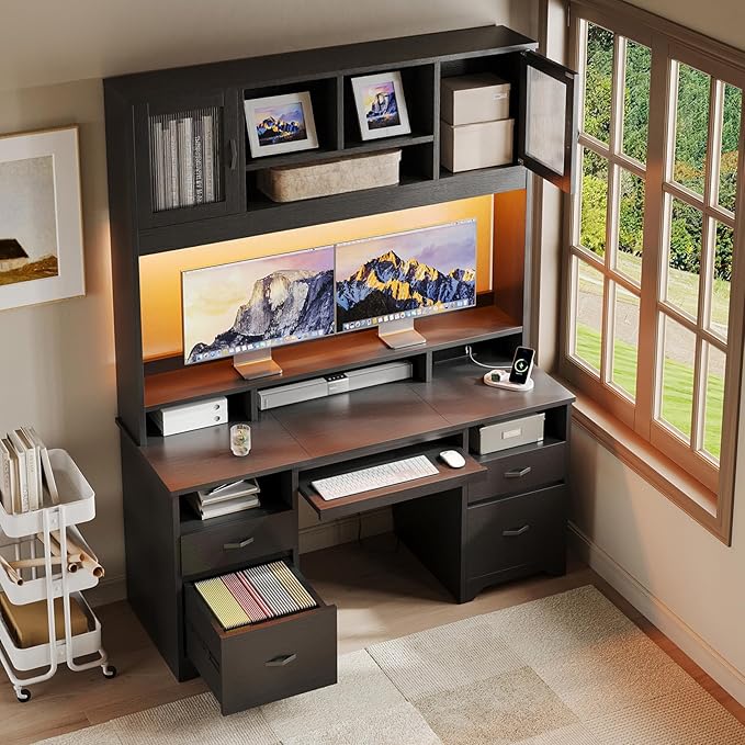Bestier 77.8" H Executive Desk with Hutch, Modern Wood Computer Desk with Drawers, Charging Station, LED Light, Fluted Storage Cabinet, Keyboard Tray, 59" W Office Desk for Home Office, Black