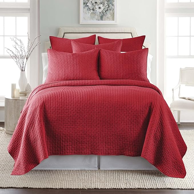 Levtex Home Cross Stitch Reversible Full/Queen Quilt Set (88x92in) with 2 Pillow Shams (26x20in) - Stitch Texture - Chile Red - Cotton Full/Queen Size Quilt Bedding Set - Lightweight, Soft, Pre-Washed