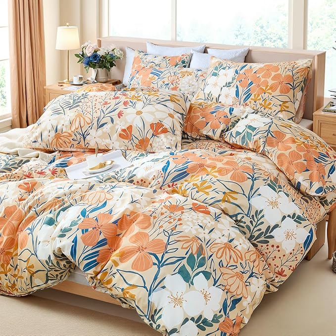 100% Cotton Duvet Cover King Size – Autumn Botanical Floral Duvet Cover Set with Zipper Closure, 3-Piece Soft Breathable Percale Weave Bedding Set for All Seasons