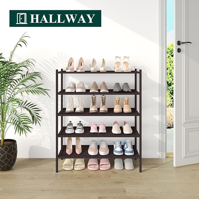 Smiry Bamboo Shoe Rack, 5 Tier Shoe Organizer for Entryway & Closet, Stackable Free Standing Storage Shelf for Shoes, Bags & Plants, Brown