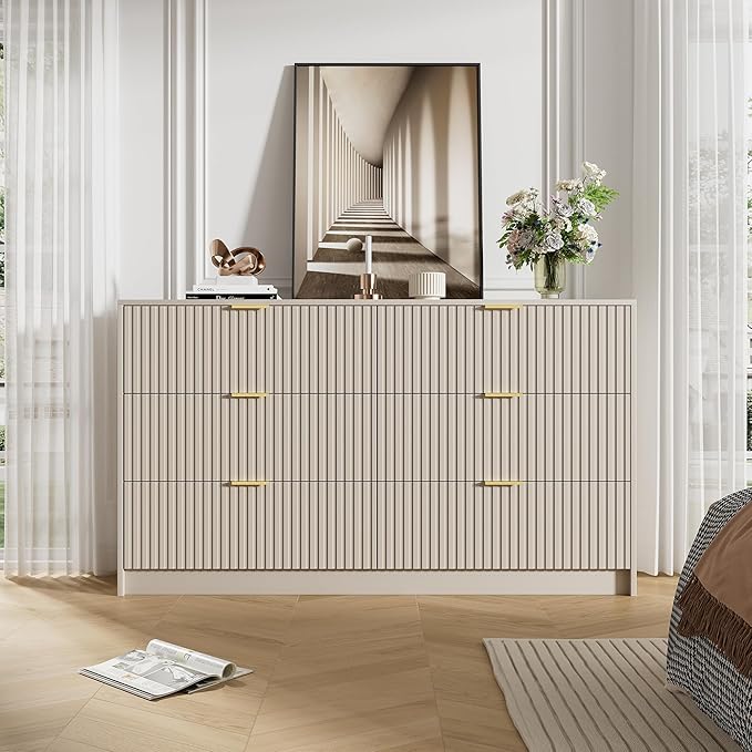 Beige Dresser for Bedroom, Modern Dresser with 6 Drawers and Smooth Slides, Wide Chest of Drawers with Golden Handles for Bedroom, Living Room, Closet, 15.7" D x 55.1" W x 31.4" H