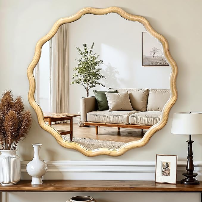 Circle Wood Mirrors for Wall, Wavy Round Bathroom Scalloped Mirror Wooden Frame 30 Inch for Living Room Farmhouse Bedroom Hallway Entryway Living Room with Shatterproof Glass Wall Mounted