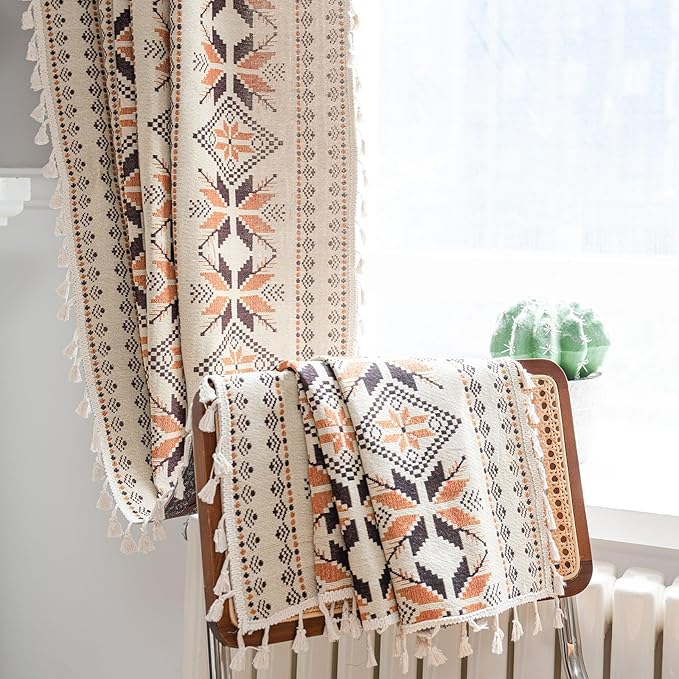 Boho Western Curtains 84 Inch Length 2 Panels Geometric Patterned Drapes Bohemian Semi Sheer Rod Pocket Tassel Window Curtain Panels Bedroom Living Room Farmhouse Coffee Brown Vintage Rustic Curtains