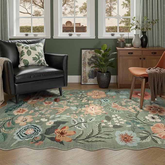 DCX Vintage Floral Rug 5x7, Washable Sage Green Rug for Living Room, Kid & Pet Friendly with Rubber Back Non Slip, Soft Low Pile Carpet, Stain Resistant Rug for Bedroom, Nursery, Dining Room