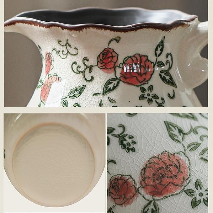 Green and Beige Vintage Vase with Handle,Red Rose Chinoiserie Vase,Farmhouse Antique Decorative Ceramic Vases for Home Decor,Bookshelf, Dining Table, Coffee Table,Mantel, Tuscan Decor (H8.05 Inch)