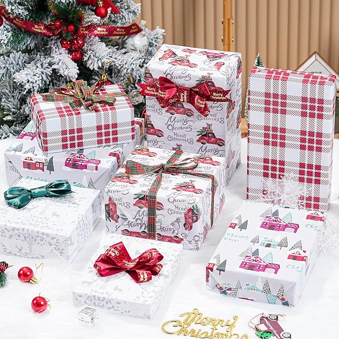 PlandRichW Christmas Wrapping Paper Folded 12 sheets for Kids Adults, 20 x 29 Inches Gift Wrap Paper Plaid, Barn, Red Truck, Moose, Woodland Scenes Designs