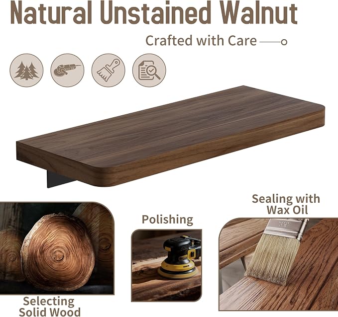 Danpoo 12 inch Solid Walnut Floating Shelf - Versatile Wall Shelf for Kitchen, Bathroom, Office, Displaying Books, Decor, and Plants