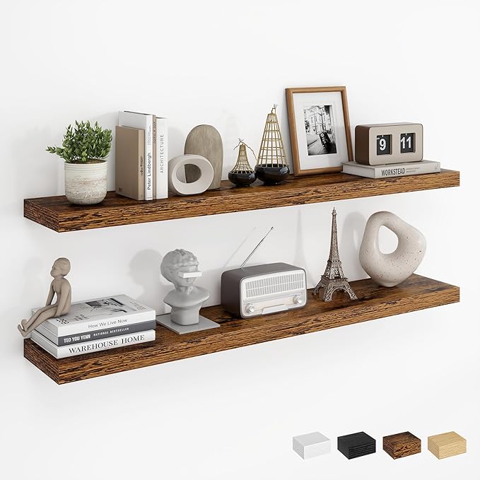 Dreamland 40Inch Floating Shelves for Wall, Rustic Wooden Storage Shelf for Living Room, Kitchen, Farmhouse, Wall Mounted Display Shelving with Invisible Heavy-Duty Metal Bracket, Set of 2 - Brown
