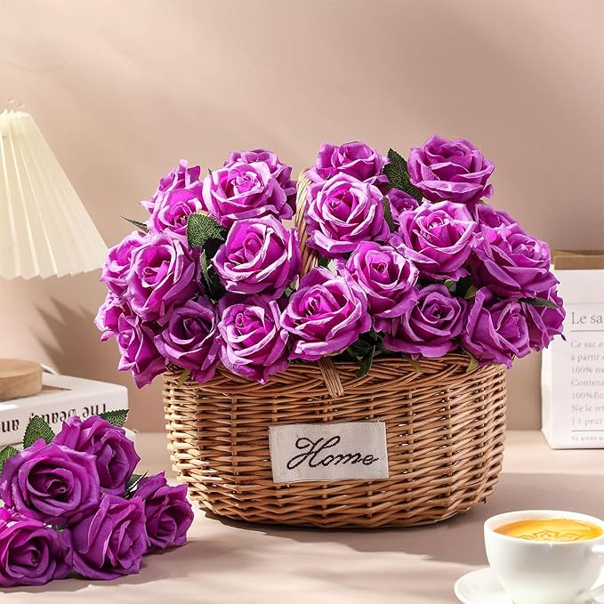 30 Pcs Rose Artificial Flowers in Bulk Real Touch Long Stem Silk Roses Bouquets Realistic Faux Flowers for Wedding Bridal Shower Home Decor Floral Arrangements Table Centerpiece(Purple)