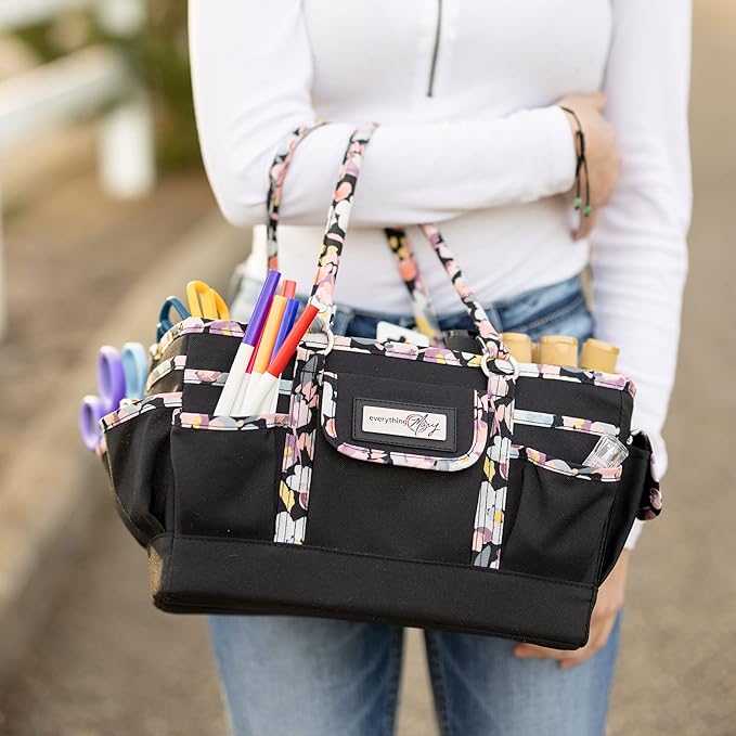 Everything Mary Deluxe Store & Tote Organizer – Black with Floral Trim Craft Caddy – Collapsible Storage Bag for Scrapbooking, Sewing, Art Supplies & DIY Craft Tools