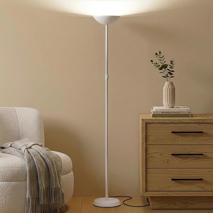 Brightech SkyLite LED Floor lamp, Torchiere Super Bright Floor Lamp for Living Rooms & Offices - 3 Way Dimmable Tall Torch Lamp, High Lumen Standing Pole Lamp for Bedroom Reading - White