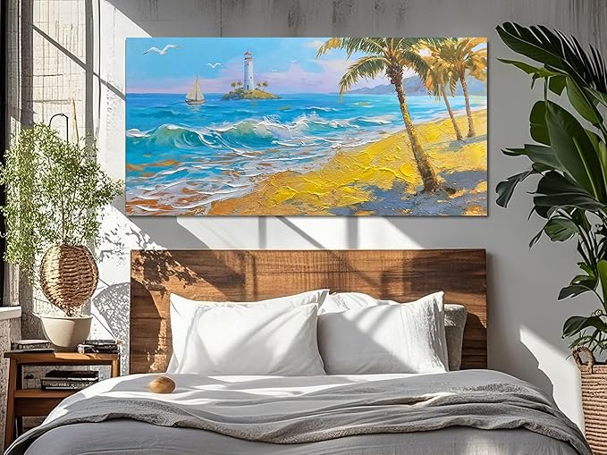 Brushart Beach Canvas Wall Art for Living Room Large, Coastal Bedroom Picture, Painting Wall Decor Ocean Textured Artwork for Walls Home Office 58"x29"