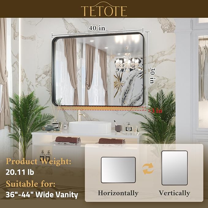 TETOTE 40 x 30 Inch Bathroom Mirror, Silver Framed Wall Mounted Brushed Silver Metal Rectangle Modern Vanity Mirror (Horizontal/Vertical)