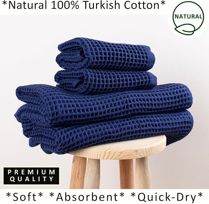 PÜSKÜL 4-Piece Natural 100% Turkish Cotton Luxury Waffle Towels for Bathroom | Premium Honeycomb Weave 2 Hand Towel & 2 Bath Towel Set | Soft Absorbent Quick-Dry Lightweight Towels (Navy Blue)