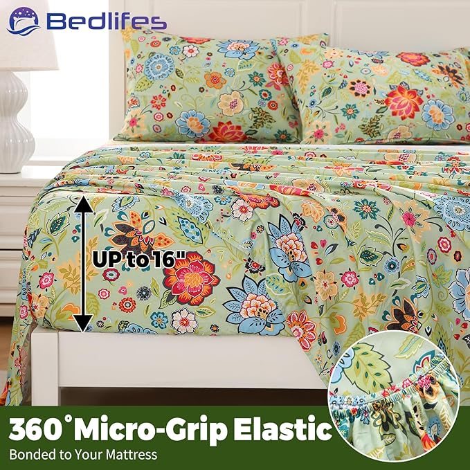 Bedlifes California King Floral 4-Piece Sheet Set - Cooling Sheets Blend Rayon Derived from Bamboo,Soft & Breathable, Deep Pocket 16", Wrinkle Resistant - Vibrant Boho Floral Sage Green